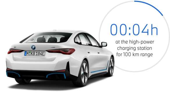 BMW i4 eDrive40 G26 2021 three-quarter rear view with graph on charging time