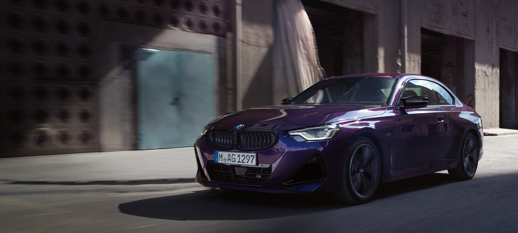 BMW 2 Series Coupé G42 2021 Thundernight metallic three-quarter front view driving 