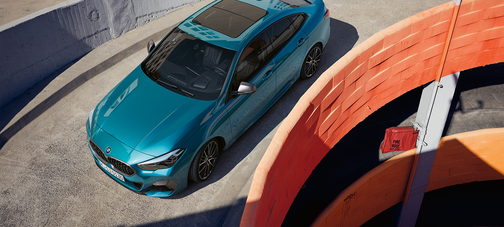 BMW 2 Series Gran Coupé F44 Snapper Rocks Blue metallic, three-quarter front view from above on the roof
