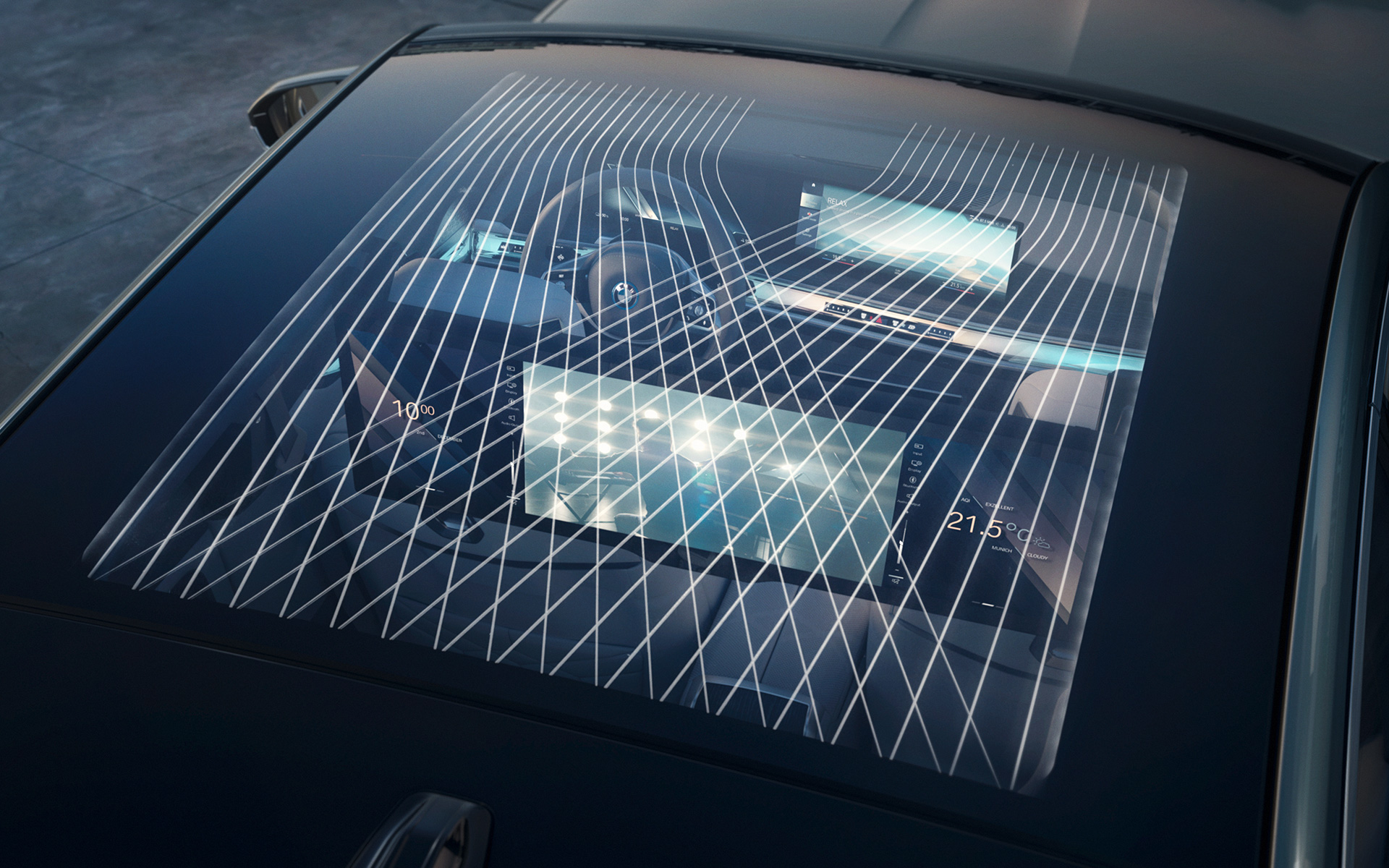 Panorama glass roof Sky Lounge Illuminated BMW i7 Sedan G70 interior 