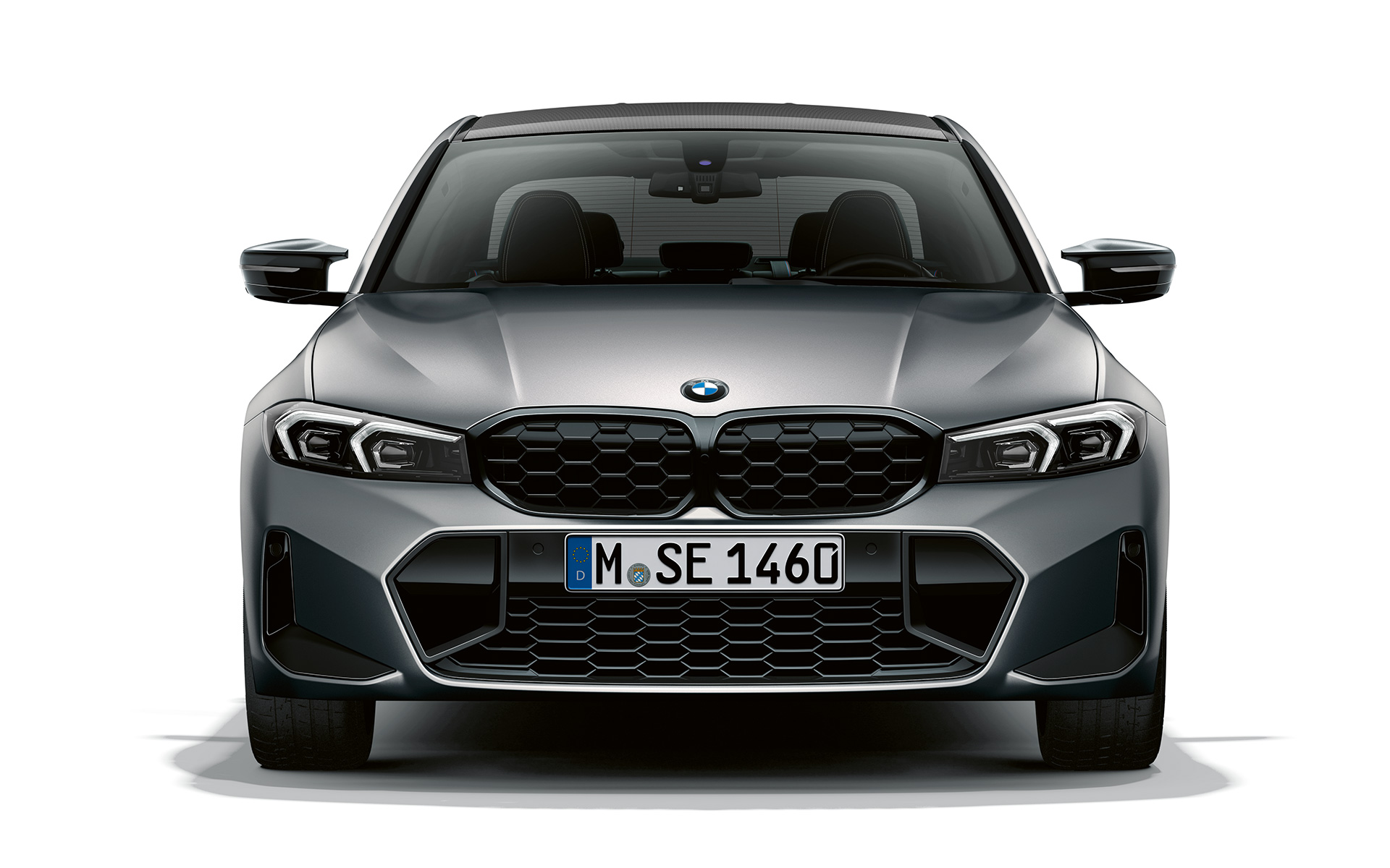Front view BMW kidney grille with nuggets BMW M340i xDrive Sedan G20 BMW M340i xDrive Sedan G20 BMW Individual Frozen Pure Grey metallic front view with BMW kidney grille