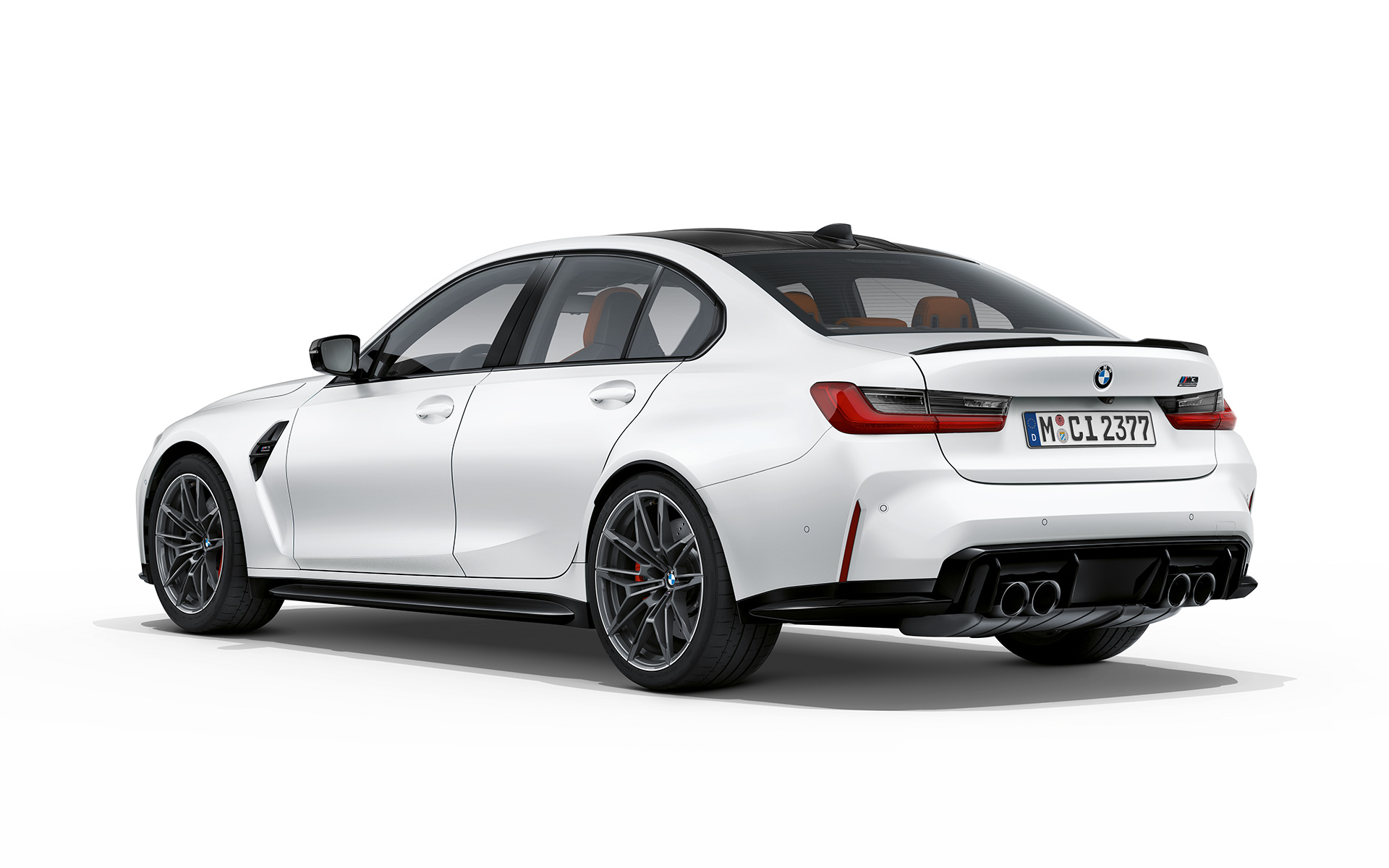 BMW M3 Competition G80 2020 Frozen Brilliant White metallic three-quarter rear view