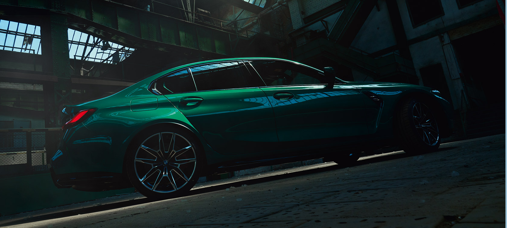 BMW M3 Sedan G80 2020 side view worm's-eye view BMW M3 Sedan G80 2020 Isle of Man Green metallic side view worm's-eye view