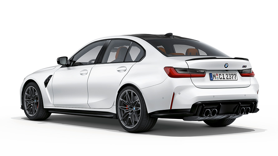 BMW M3 Competition G80 2020 Frozen Brilliant White metallic three-quarter rear view