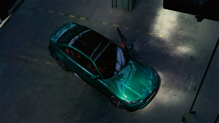 BMW M3 Sedan G80 2020 Isle of Man Green metallic bird’s-eye view carbon roof