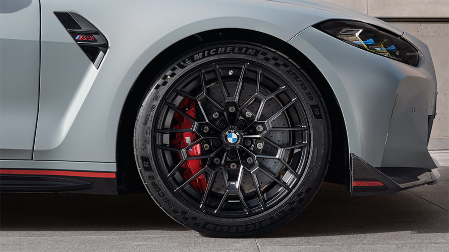 BMW M4 CSL G82 BMW Individual Frozen Brooklyn Grey metallic Ultra Track tyres on lightweight construction wheels exclusive to CSL