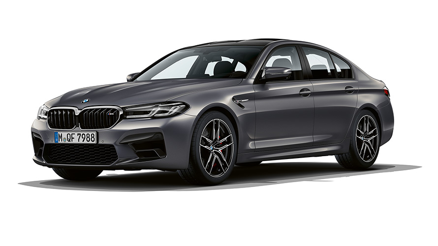 BMW M5 F90 LCI Facelift 2020 Brands Hatch Grey metallic three-quarter front view