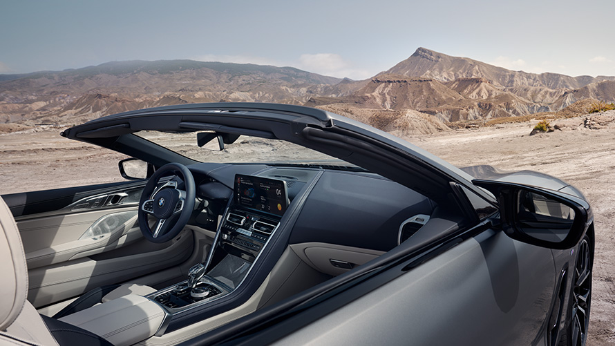 BMW M850i xDrive Convertible G14 LCI Facelift 2022 BMW Individual Frozen Pure Grey metallic interior view through open top