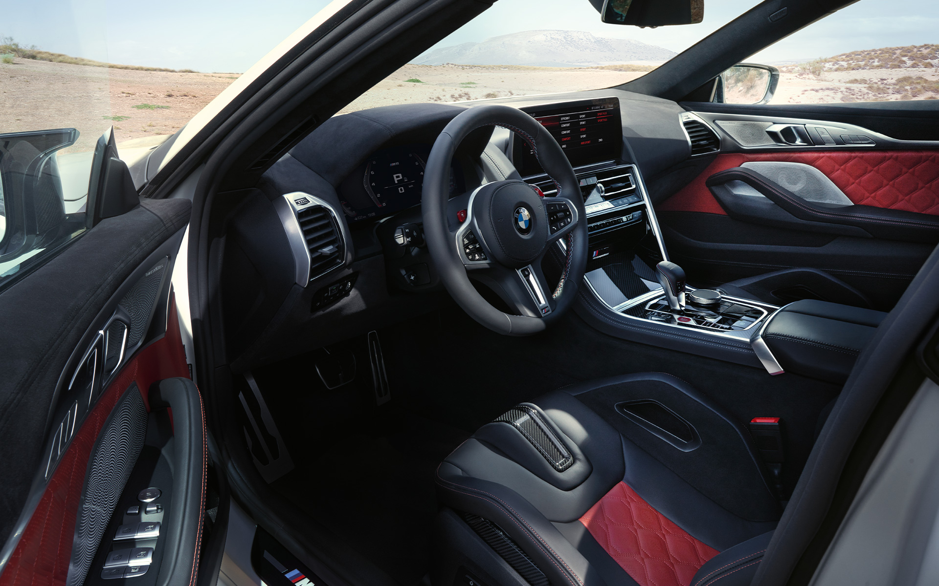 BMW M8 Competition Gran Coupé F93 LCI Facelift 2022 interior view with open door 