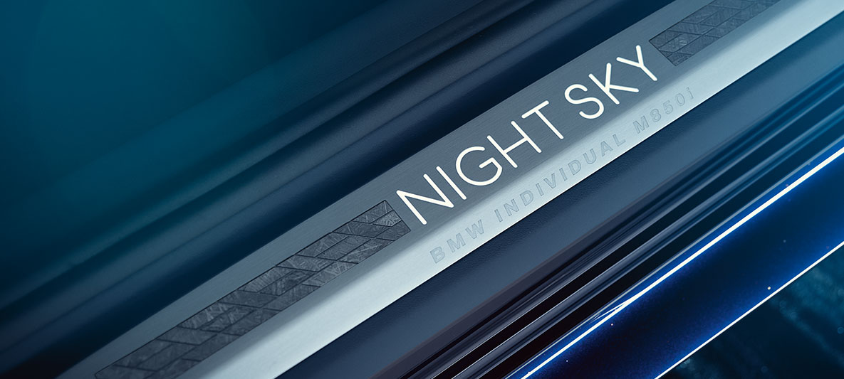 BMW Individual M850i NIGHT SKY, NIGHT SKY door sill panel The BMW Individual NIGHT SKY door sill panel in mosaic design close up