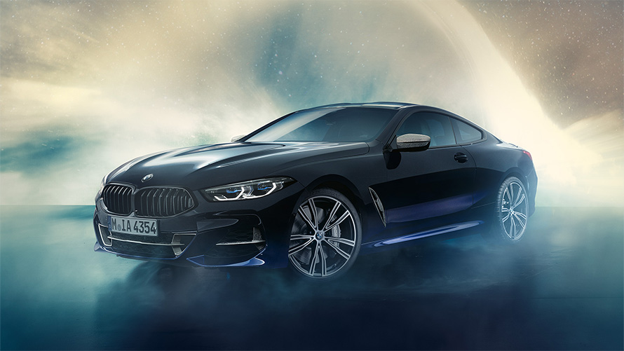 BMW Individual M850i NIGHT SKY G15 2019 three-quarter front view in front of meteor shower
