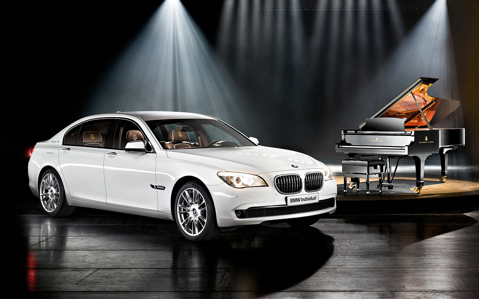 BMW Individual 7 Series Composition inspired by Steinway & Sons F01 2010 BMW three-quarter side view in front of piano