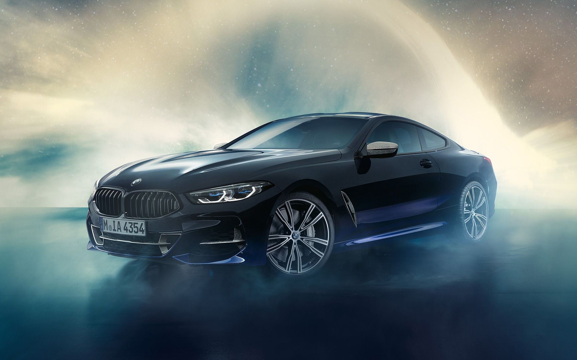 BMW Individual M850i NIGHT SKY G15 2019 three-quarter front view in front of meteor shower