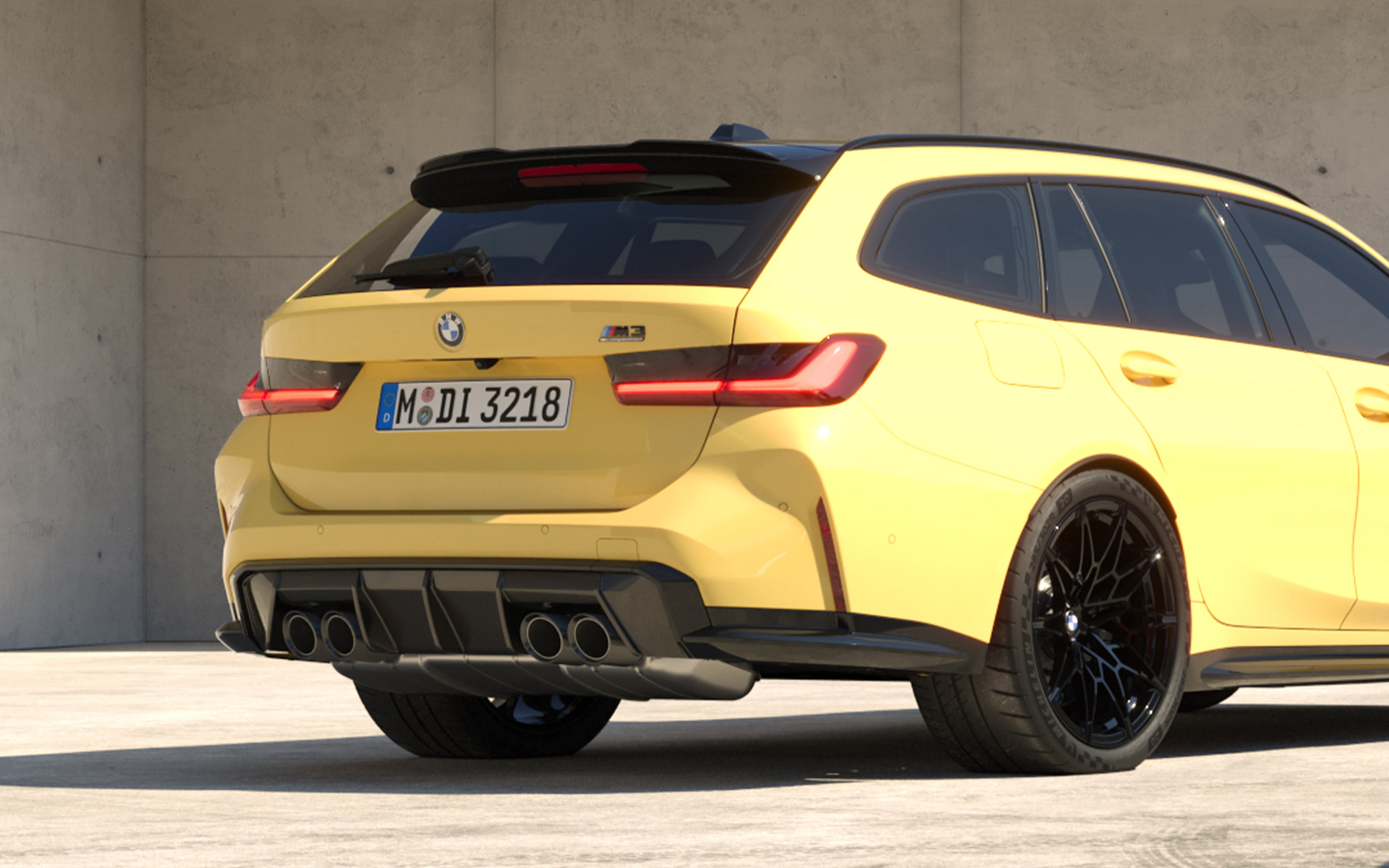 BMW M3 Competition M xDrive Touring G81 2022 BMW Individual Dakar Yellow three-quarter rear view standing in section